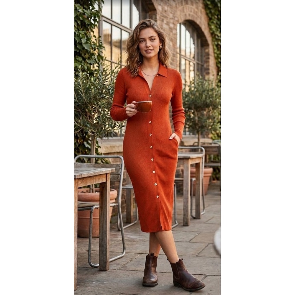 Tommy Hilfiger Ribbed Knit Body Con Cardigan Midi Dress Orange Long Sleeve